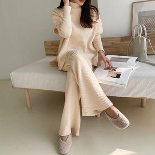 Knit Set: Sweater + Mock-neck Vest + Boot-cut Pants