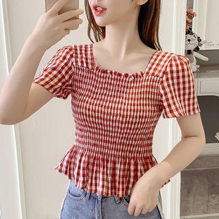 Checked Short-sleeve Peplum Top