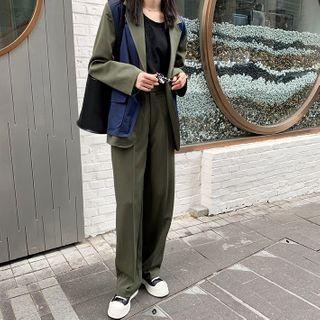 Mock Two-piece Button Blazer / Wide Leg Dress Pants