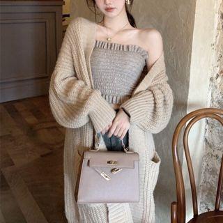 Set: Strapless Ruffled Top + Open-front Long Cardigan Khaki - One Size