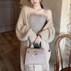 Set: Strapless Ruffled Top + Open-front Long Cardigan Khaki - One Size