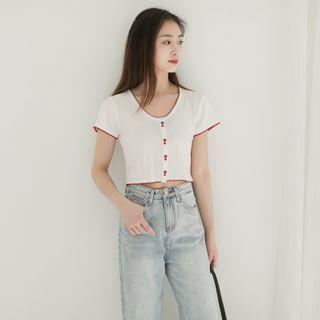 Cropped Knit Round-neck Single-breasted Short-sleeve Top