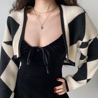 Argyle Check Cropped Cardigan Black & Almond - One Size