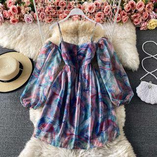Off Shoulder Print Chiffon Mini Dress