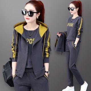 Set: Striped Hooded Zip Jacket + Lettering Pullover + Straight-fit Pants