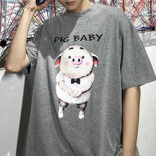 Elbow-sleeve Pig Print Lettering T-shirt