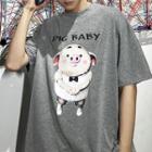 Elbow-sleeve Pig Print Lettering T-shirt