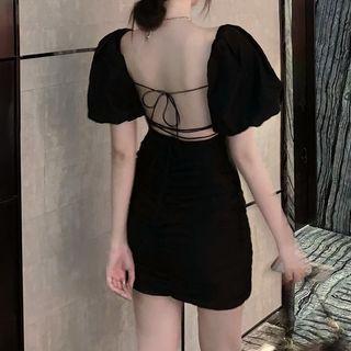 Puff-sleeve Open Back Mini Sheath Dress