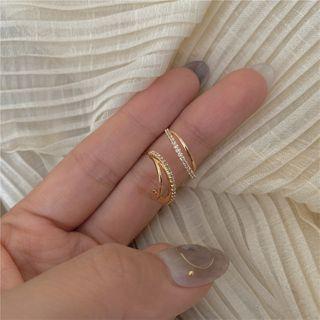 Rhinestone Layered Open Hoop Earring Stud Earring - 1 Pair - S925 Silver Stud - Gold - One Size