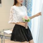 Set: Short-sleeve Lace Top + Laser Cut A-line Skirt