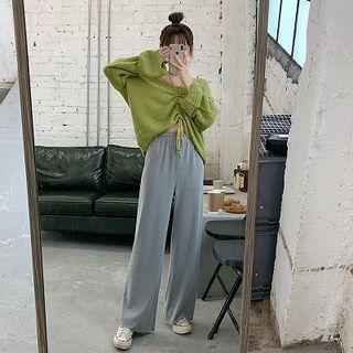 Plain Drawcord Knit Long-sleeve Sweater / High-waist Velvet Pants