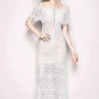 Short-sleeve Off-shoulder Lace Straight-fit Dress