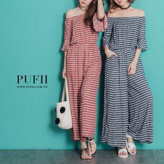 Off-shoulder Pattern Jumper Pants