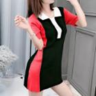 Color Block Short-sleeve Knit Dress Black - One Size