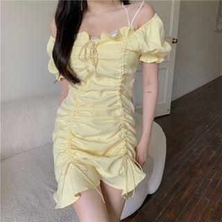 Short-sleeve Ruffle Trim Ruched Dress