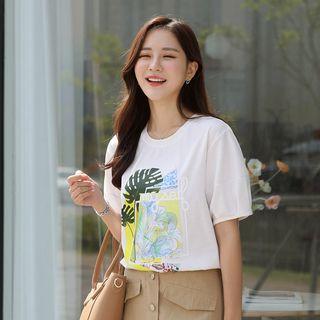 Puff-sleeve Flower-printed T-shirt