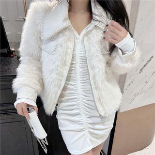 Faux Pearl Furry Zip Jacket