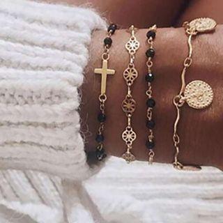 Set Of 4: Alloy Bracelet Set - Gold & Black - One Size