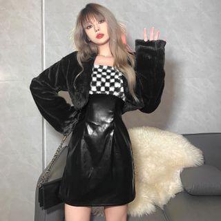 Fluffy Open-front Cardigan / Spaghetti Strap Checkerboard Panel Mini Sheath Dress