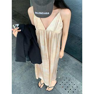 Spaghetti Strap V-neck Loose-fit Midi Dress Almond - One Size