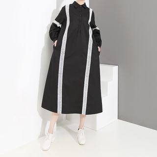 Lace Trim Long-sleeve Midi Shirt Dress