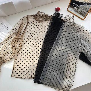 Polka Dot Mock-neck Flare-sleeve Mesh Top
