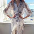 Set: Floral Print Balloon-sleeve Midi A-line Dress + Slipdress