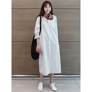 Mandarin-collar Striped Long Shirtdress