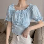 Square Neck Plain Tie-waist Puff Short Sleeve Shirt