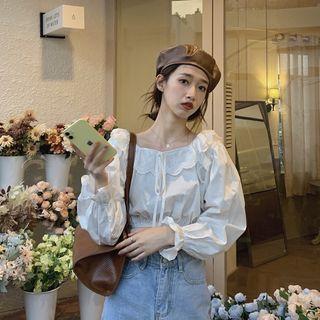 Long-sleeve Frill Trim Crop Top White - One Size