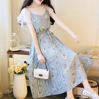 Set: Floral Print Spaghetti Strap Dress + Short-sleeve Chiffon Top