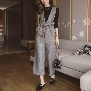 Set: Long-sleeve T-shirt + Tie-waist Vest + Wide Leg Pants