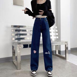 High Waist Heart Lettering Wide-leg Jeans