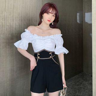Short-sleeve Off-shoulder Frill Trim Romper