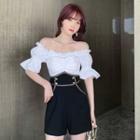 Short-sleeve Off-shoulder Frill Trim Romper