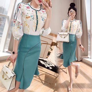Set: Puff-sleeve Floral Print Blouse + Skirt