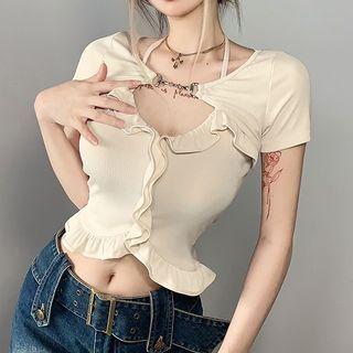 Short-sleeve Ruffle Trim Cutout T-shirt