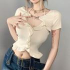Short-sleeve Ruffle Trim Cutout T-shirt