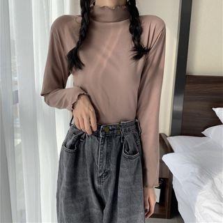Mock Neck Ruffle Trim Long-sleeve Top