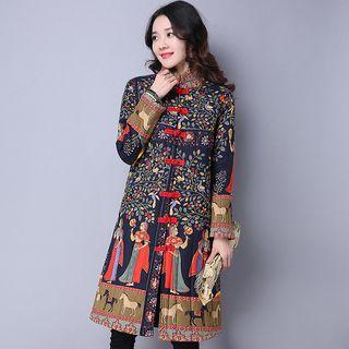 Printed Mandarin Collar Frog Button Coat