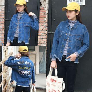 Lettering Back Fray Hem Denim Jacket