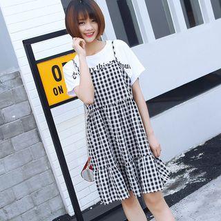Check Flounced-hem Spaghetti Strap Dress
