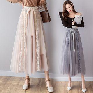 Lace Trim Mesh High-waist Midi A-line Skirt