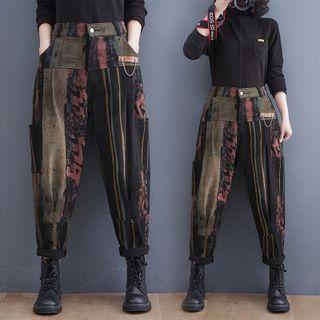 Band-waist Print Baggy Jeans