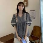 Lantern-sleeve V-neck Plaid Blouse As Shown In Figure - One Size
