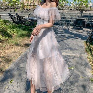 Off-shoulder Mesh Short-sleeve Midi A-line Dress