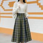 Set: Plain Sweater + Plaid Midi A-line Skirt
