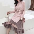 Set: Long-sleeve Mock-neck Knit Dress + Midi A-line Mesh Skirt