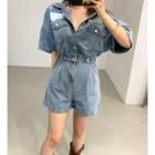Elbow-sleeve Washed Denim Romper