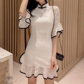 Mandarin Collar Ruffle Elbow-sleeve Mini A-line Dress